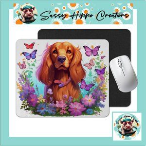 Mouse Pad Cocker Spaniel Puppy Dog Butterflies Flowers Sublimated Anti Slip Back